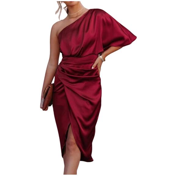 Do + Be Satin Cocktail Party Dress One Shoulder Asymmetrical Hem Red Burgundy S - Picture 1 of 11